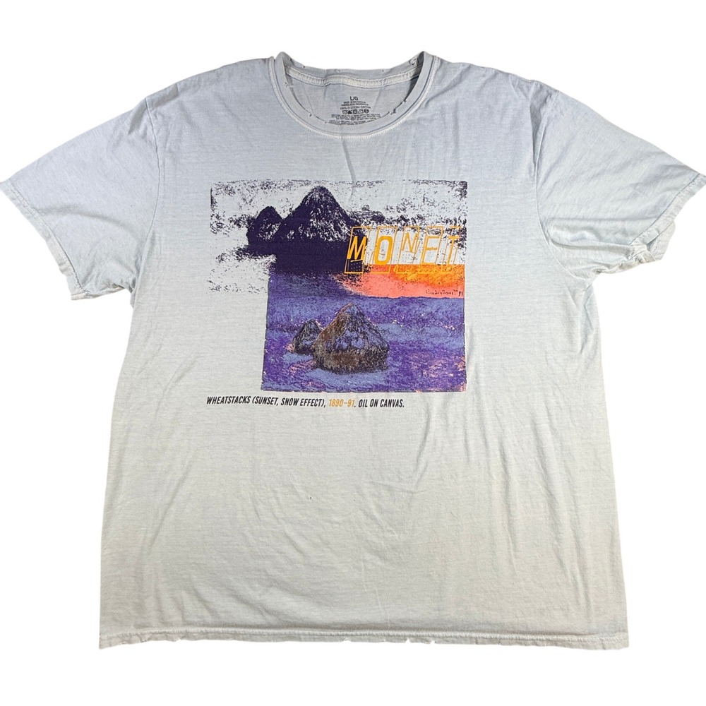 Claude Monet Women T-Shirt Art Graphic L Light Blue Cotton Distressed